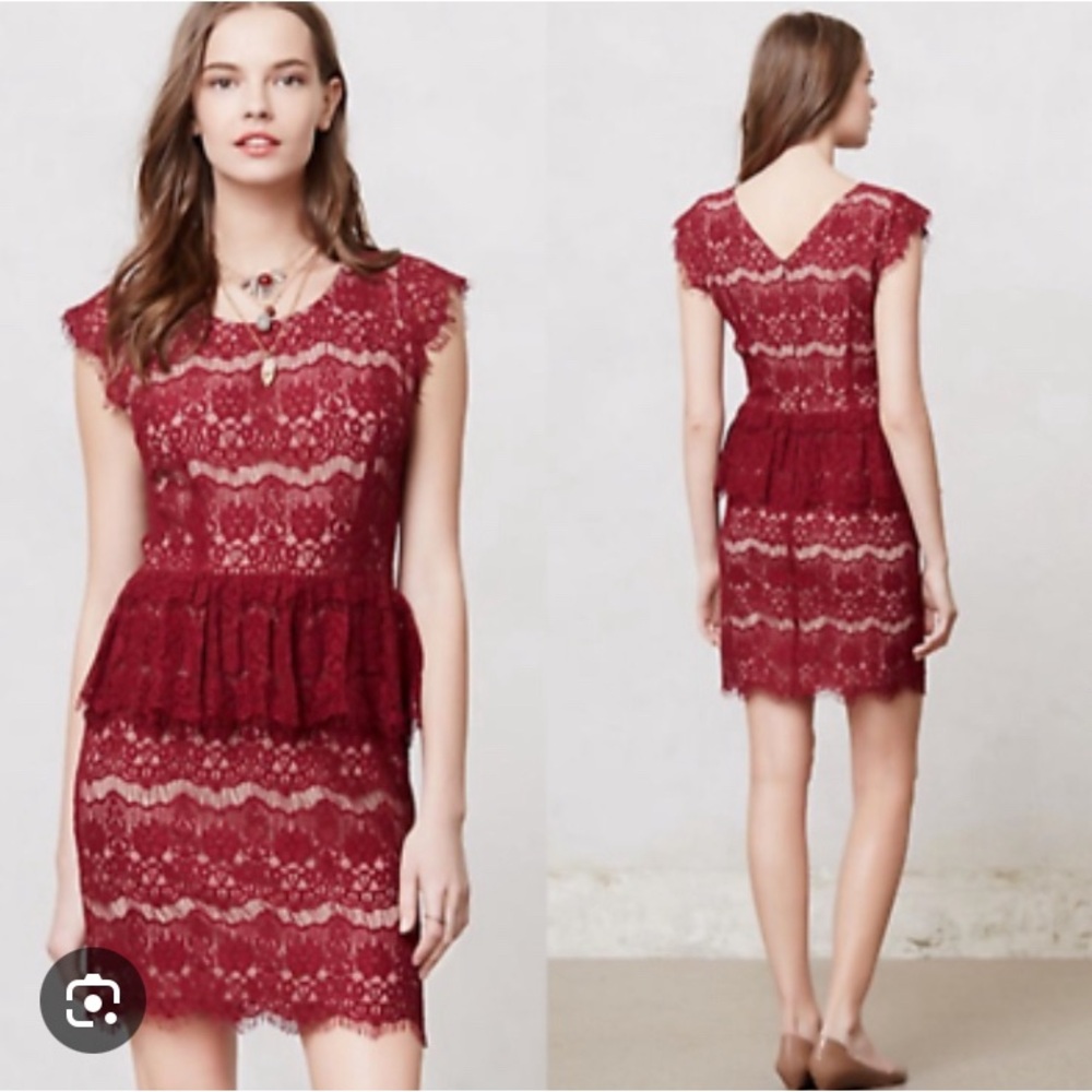 Anthropologie Elsa Peplum Dress Burgundy Lace Size SMALL